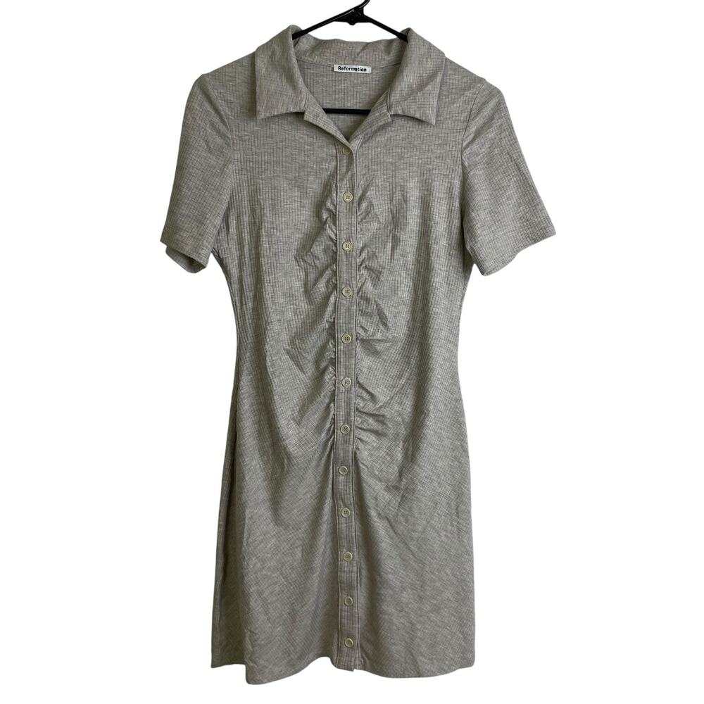 Reformation Lennon Dress Womens Medium Greige Ribbed Short Sleeve Button Stretch